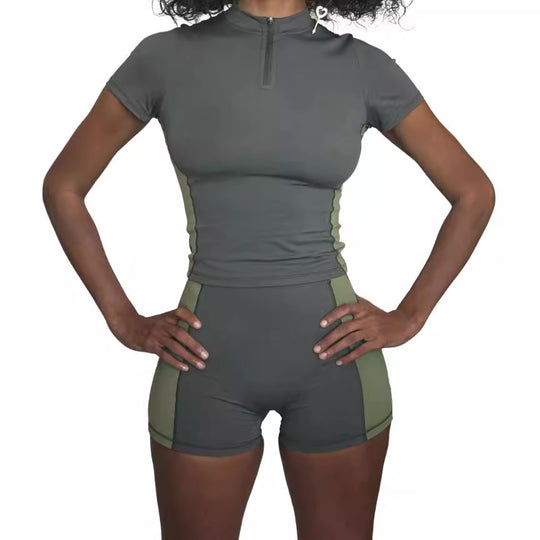 Damen Sportliches Kurzarm-Set mit Reißverschluss und modischem Design R&B