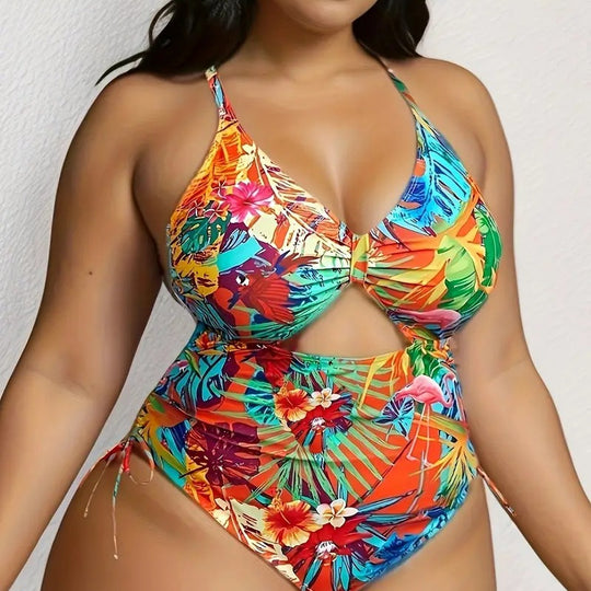 Damen Einteiliger Badeanzug mit exotischem Schnitt und buntem Tropen-Design R&B