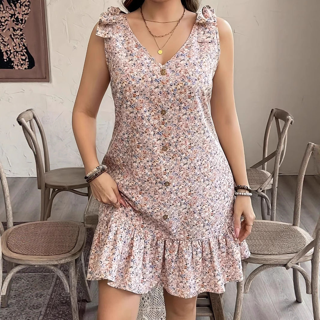 Damen kurzes Sommerkleid mit Rüschendetails und Knopfleiste R&B