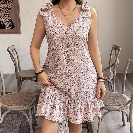 Damen kurzes Sommerkleid mit Rüschendetails und Knopfleiste R&B
