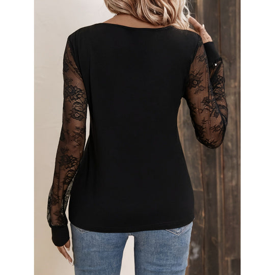 Damen Elegantes Oberteil mit transparenten Spitzenärmeln und tiefem V-Ausschnitt R&B