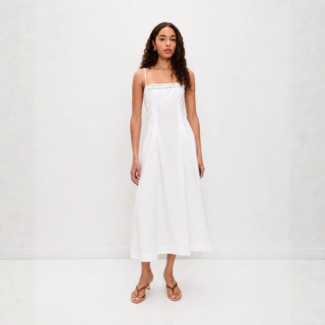 Damen nan Vintage-inspiriertes Midikleid mit schmalen Spaghettiträgern, Spitzenpassé und ausgestelltem Tellerrock R&B