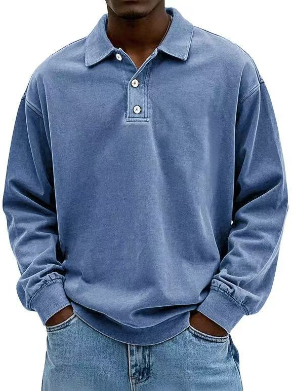 Herren nan lässiges Poloshirt-Sweatshirt mit Kragen, Vintage-Waschung und dreiteiliger Knopfleiste R&B