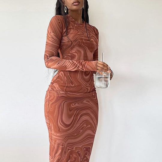 Damen Elegantes Langarmkleid mit modernem Marmormuster R&B