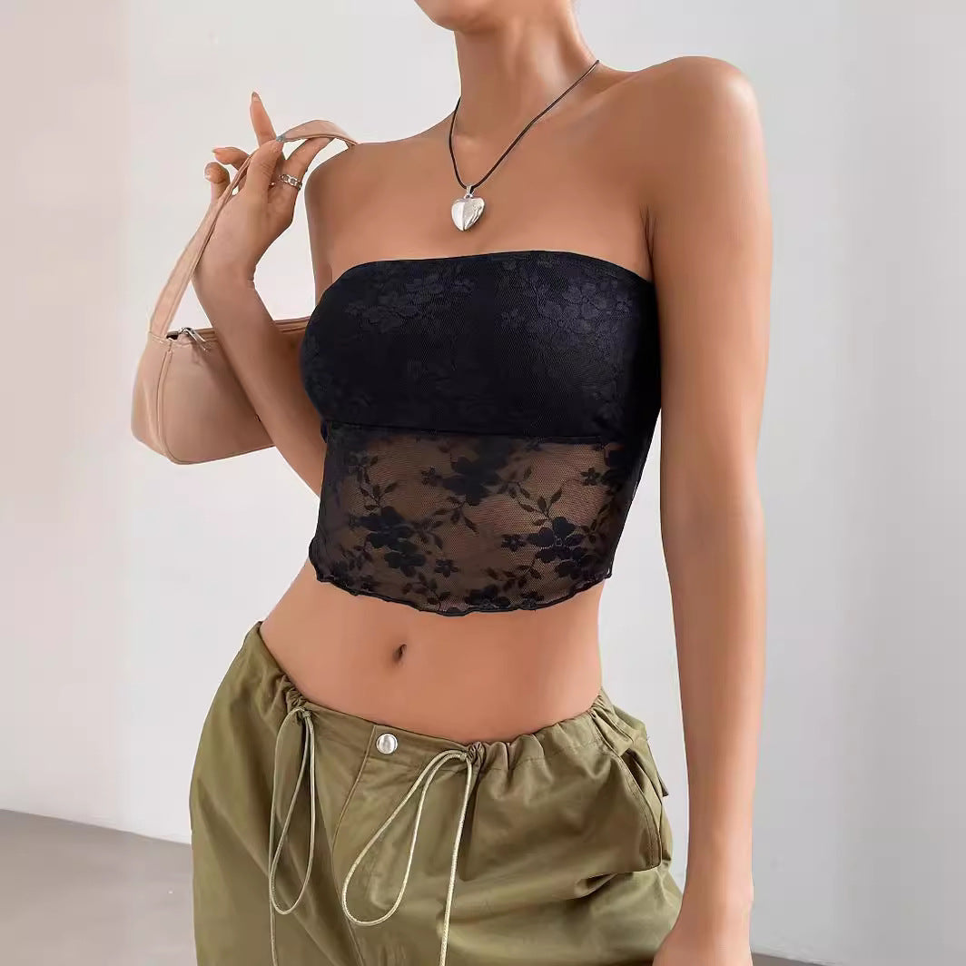 Damen transparente Crop-Top mit floralen Details R&B