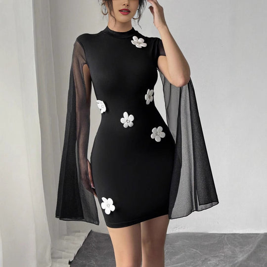 Damen figurbetontes Kleid mit transparenter Umarmung und Blumenapplikationen R&B