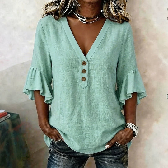 Damen Bluse mit V-Ausschnitt und dekorativen Rüschensäumen R&B