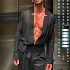Herren transparenter Kimono mit tiefem V-Ausschnitt und Bindegürtel