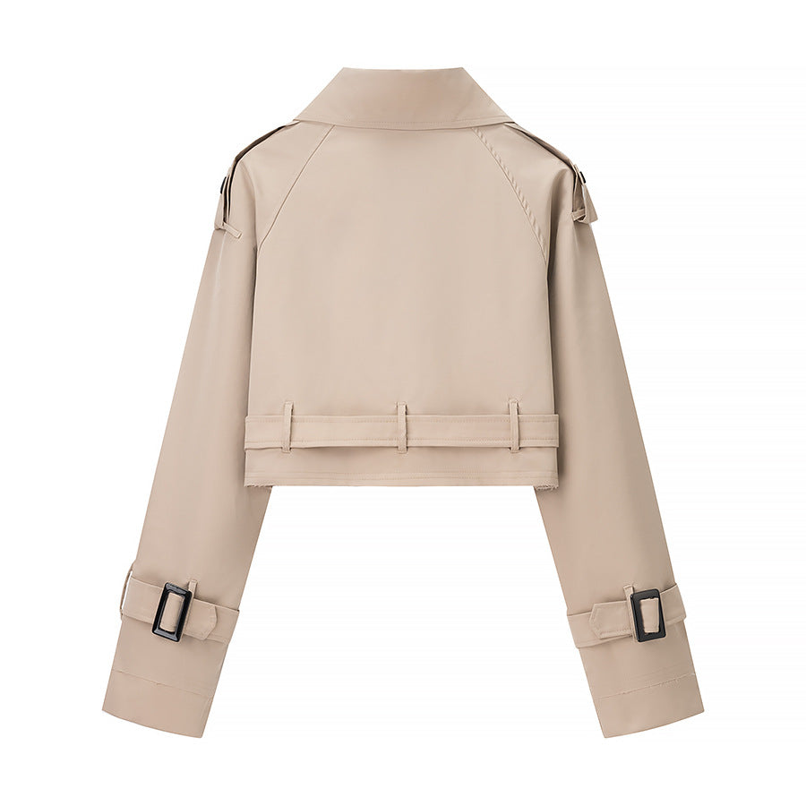 Damen Trendige cropped Trenchjacke mit doppeltem Knopfverschluss R&B