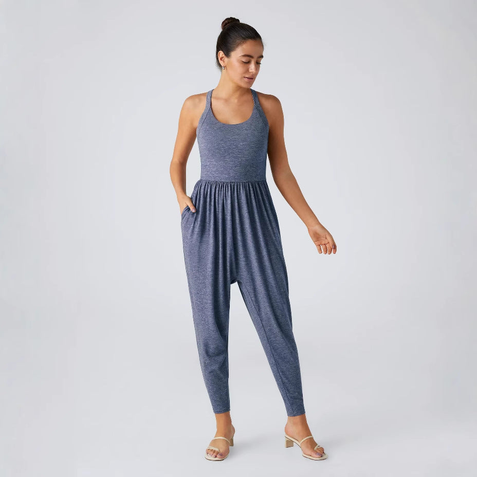 Damen nan lässiger Jersey-Overall mit Racerback, smockierter Taille und seitlichen Eingrifftaschen R&B