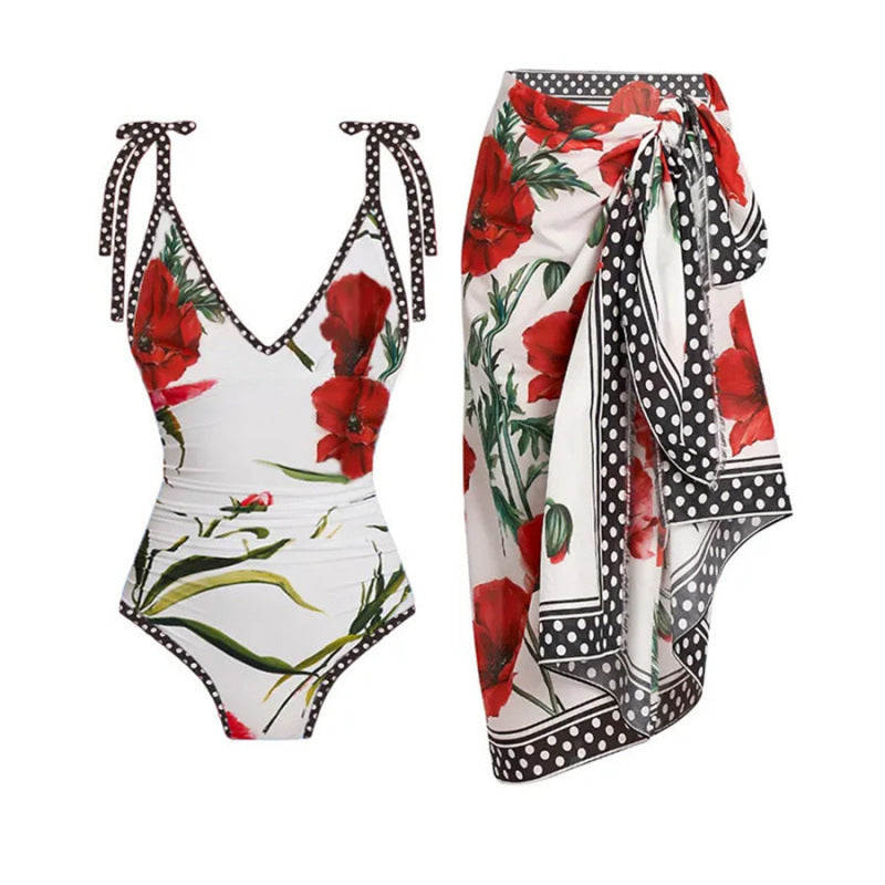 Damen Einteiler Badeanzug mit floralen Akzenten und passendem Wickelrock R&B
