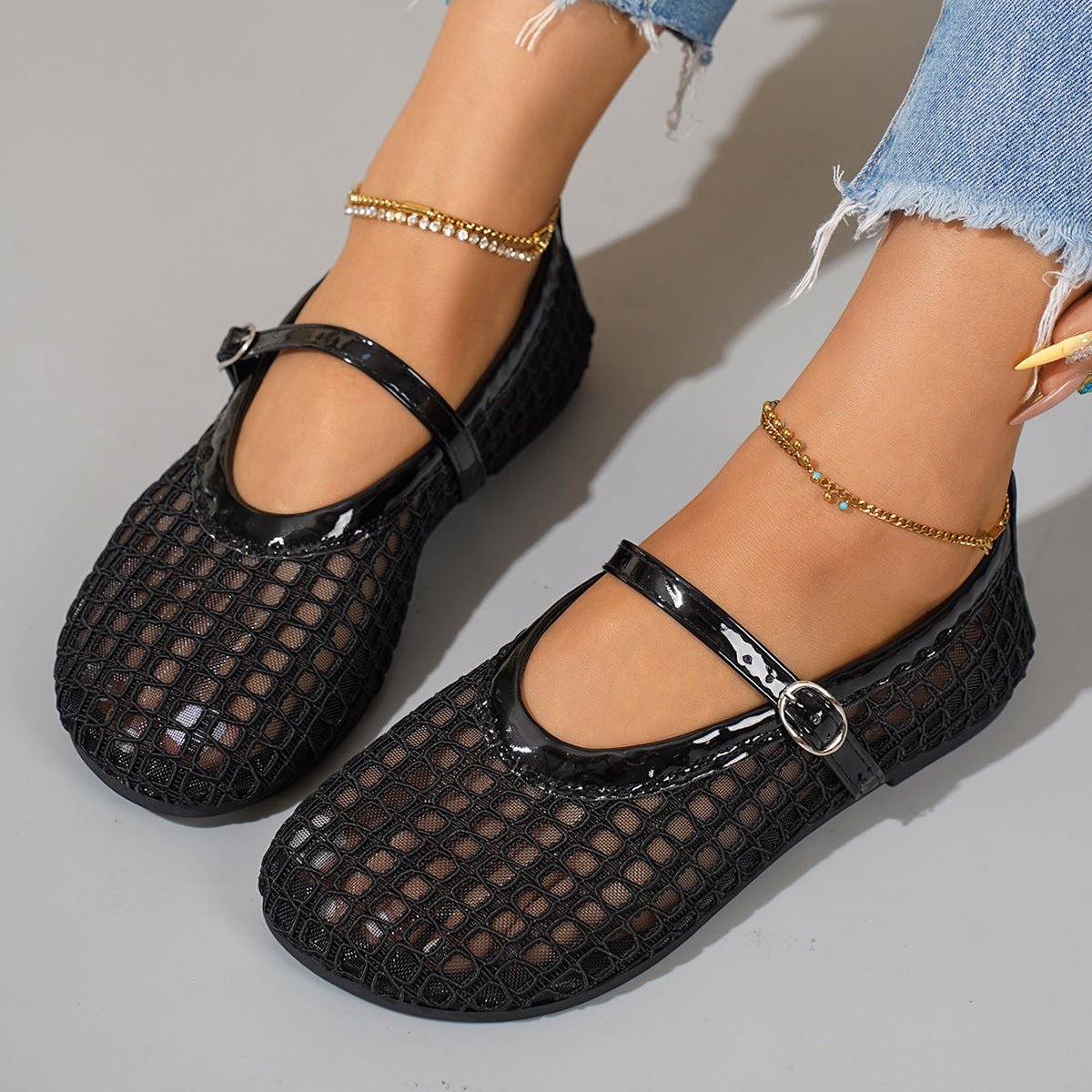 Damen Ballerinas mit eleganter Schnallenapplikation und atmungsaktiver Netzstruktur R&B