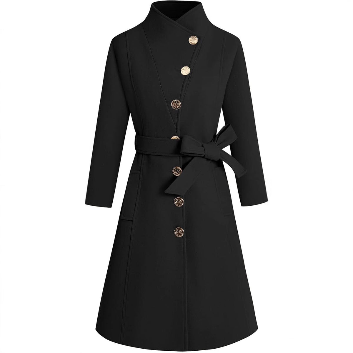 Damen eleganter Wrap-Mantel mit ausgefallenem Kragen und Gürtel R&B