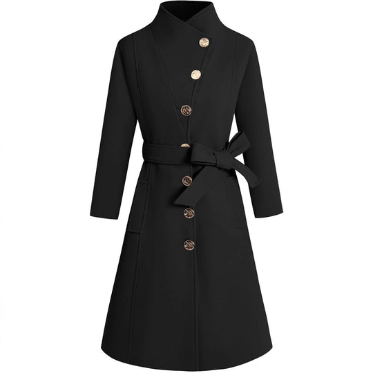 Damen eleganter Wrap-Mantel mit ausgefallenem Kragen und Gürtel R&B
