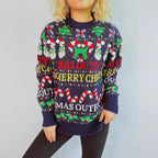 Damen weihnachtlicher Pullover mit bunten Motiven und lustigen Applikationen R&B