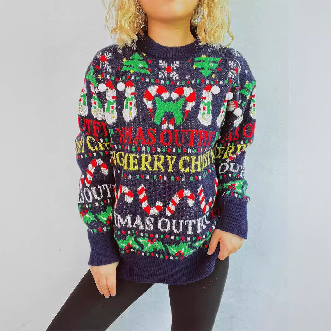 Damen weihnachtlicher Pullover mit bunten Motiven und lustigen Applikationen R&B