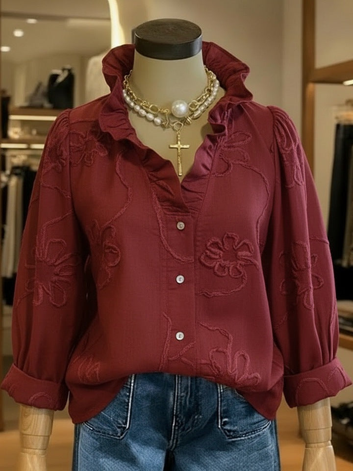 Damen elegante Bluse mit floralen Stickereien und voluminösen Ärmeln R&B