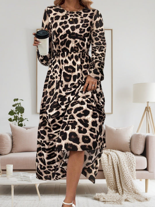 Damen Elegantes Langarm-Maxikleid mit modernem Tierprint und asymmetrischem Saum R&B