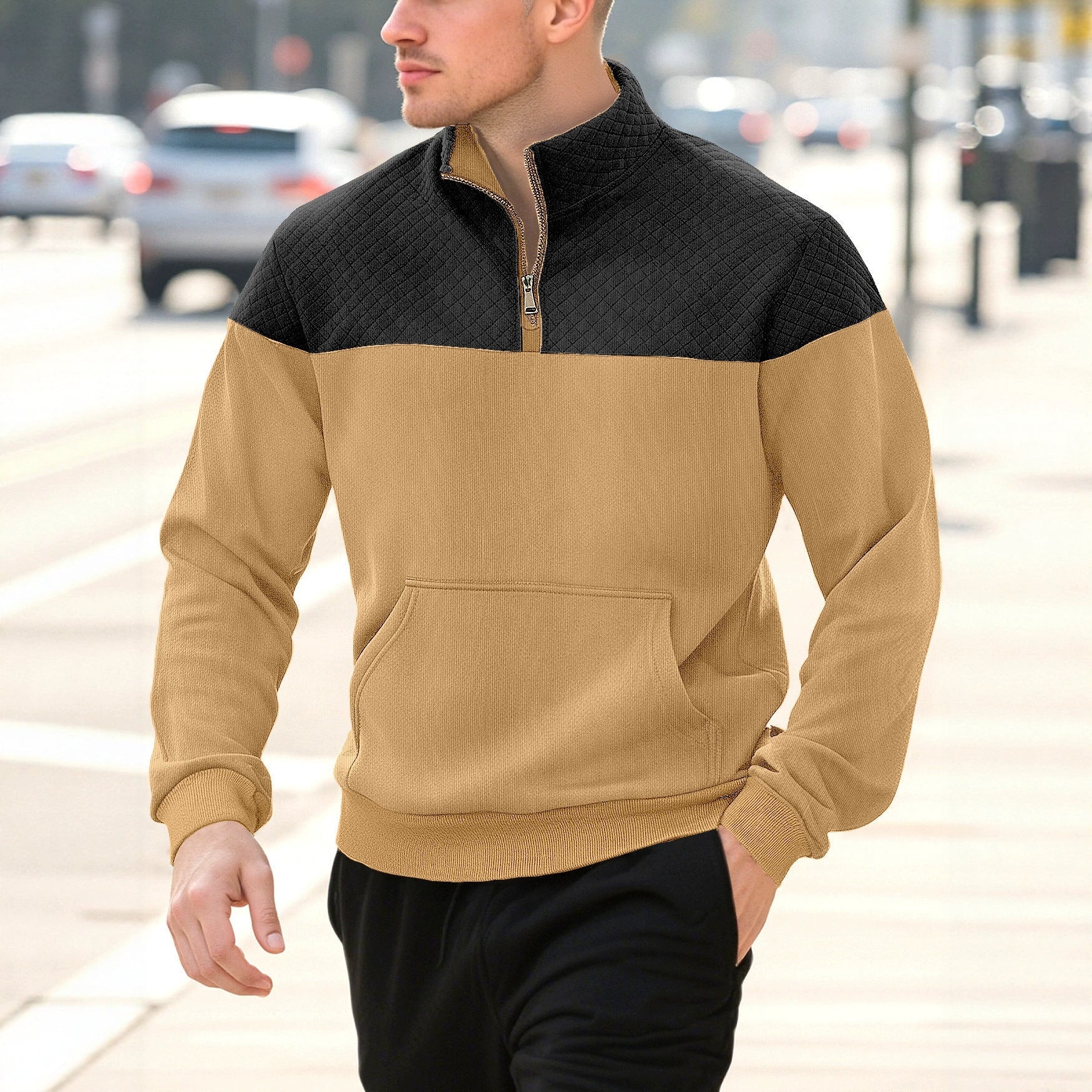 Herren nan Halbzip-Sweatshirt mit gesteppter Schulterpartie Kängurutasche und gerippten Bündchen R&B