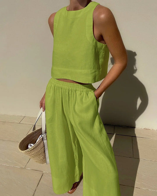Damen luftiges Leinenoberteil mit weiter Hose R&B