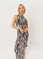 Damen elegantes Maxikleid mit hohem Kragen und fließendem Schnitt R&B