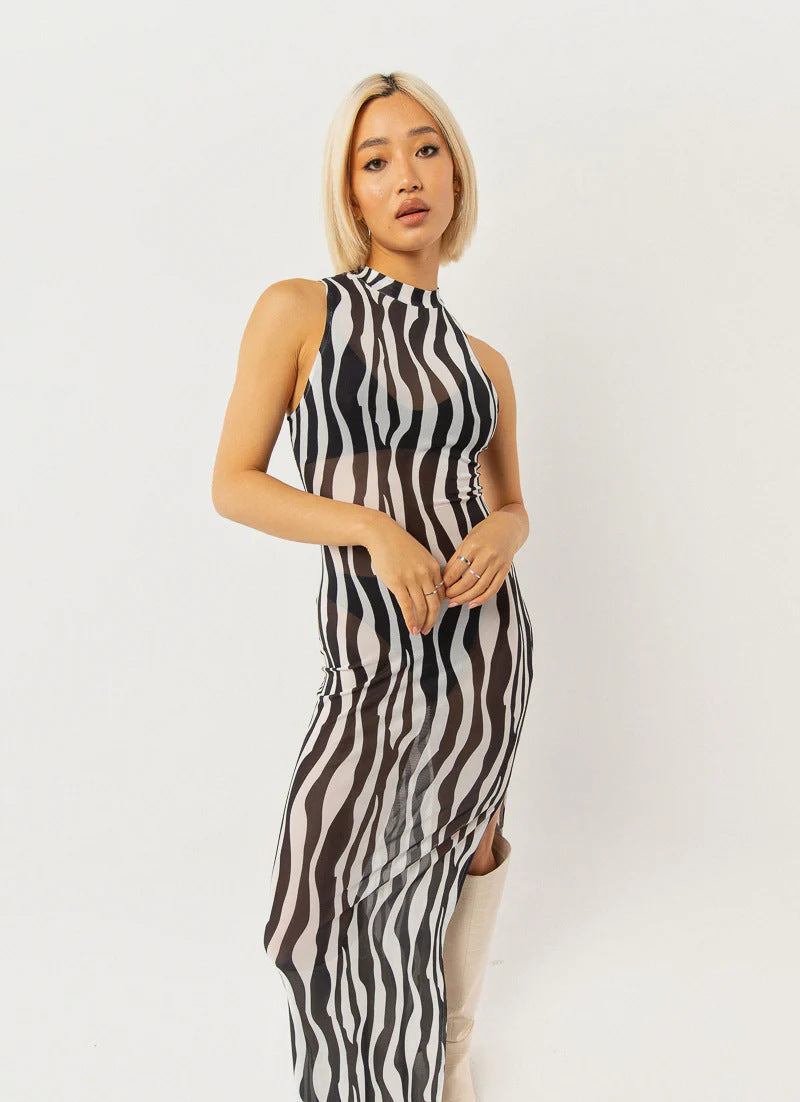 Damen elegantes Maxikleid mit hohem Kragen und fließendem Schnitt R&B