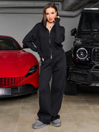 Damen nan gestricktes Loungewear-Zweiteiler mit kurzem Reißverschluss-Cardigan und weitem Highwaist-Hosenbein R&B