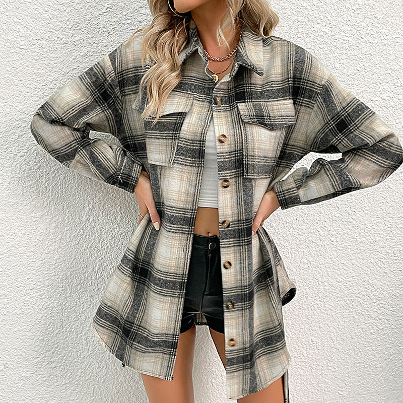Damen lässige Karo-Hemdjacke mit modischen Knopfdetails und leichter Baumwollqualität R&B