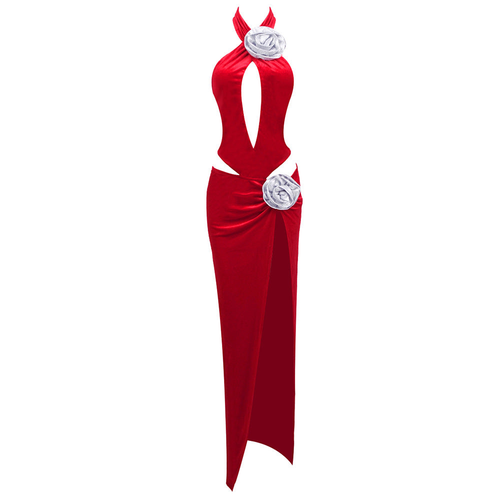 Damen modernes Abendkleid mit unverwechselbarem Cut-Out-Design und dekorativem Blumendetail R&B