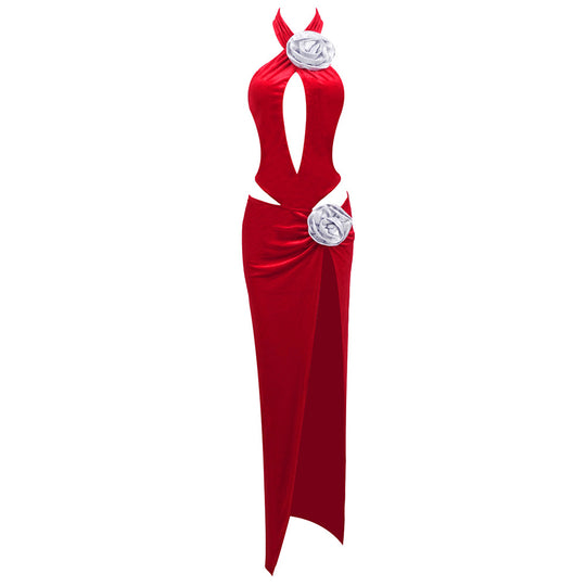 Damen modernes Abendkleid mit unverwechselbarem Cut-Out-Design und dekorativem Blumendetail R&B