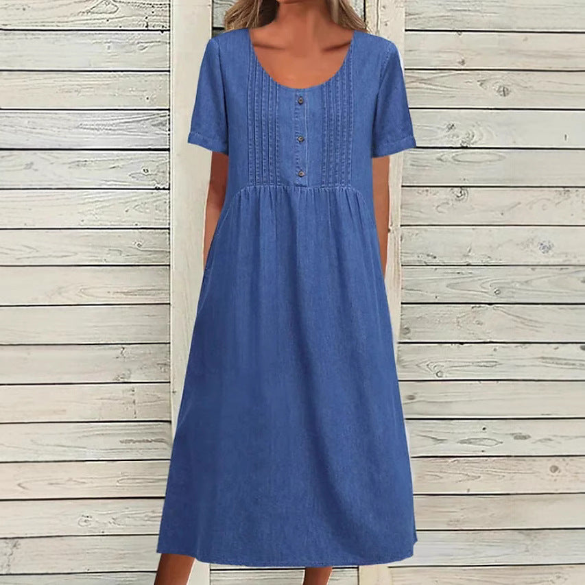 Damen nan locker sitzendes Midikleid im Denim-Look mit Rundhalsausschnitt, Brustbiesen und seitlichen Eingrifftaschen R&B