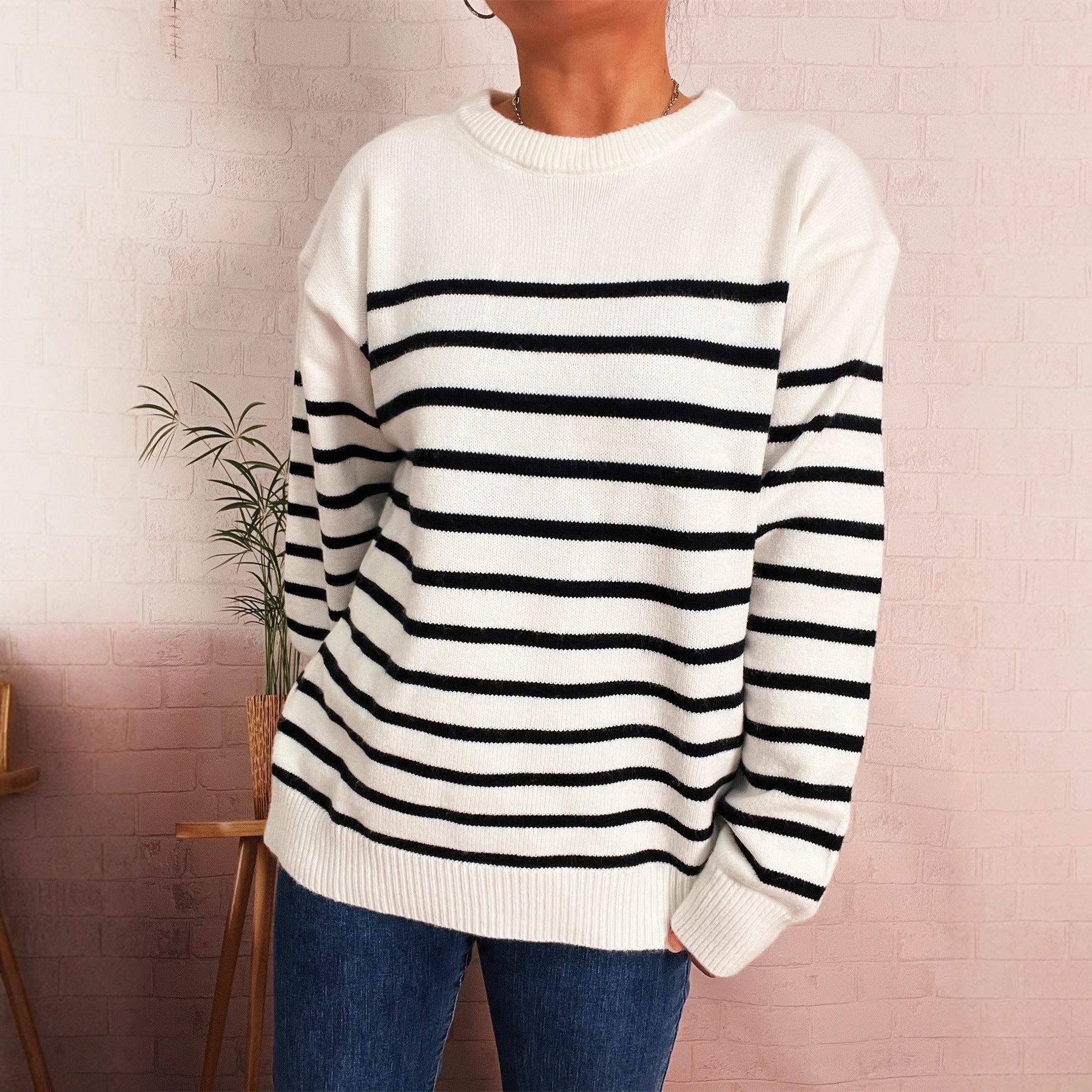 Damen lässiger gestreifter Pullover mit modernem Schnitt R&B