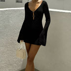 Damen Häkelkleid mit weitem Arm und elegantem V-Ausschnitt R&B