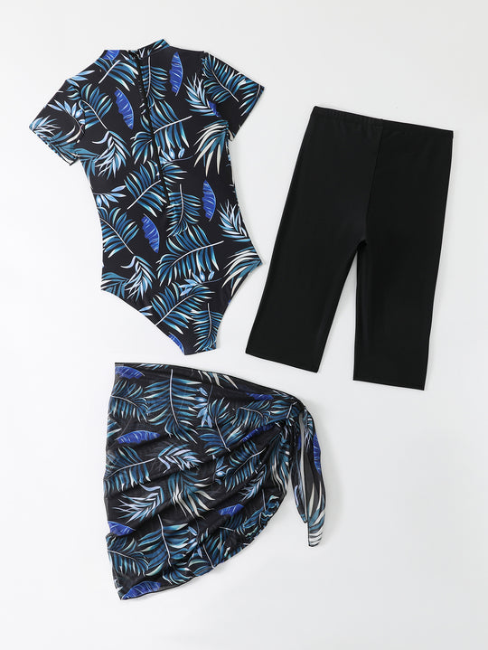 Damen Sportlicher Einteiler Badeanzug mit ergänzenden Leggings und Wickelrock R&B
