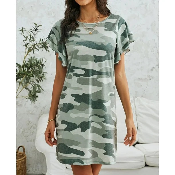 Damen Freizeitkleid mit Rüschendetails und Camouflage-Design R&B