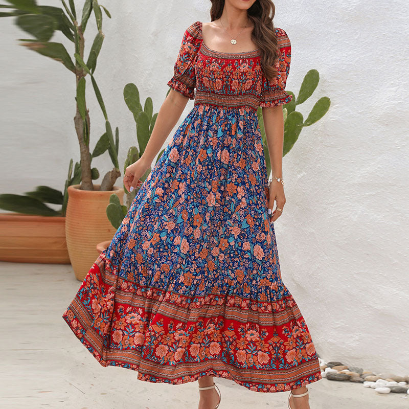 Damen Maxikleid mit voluminösen Puffärmeln und floralem Muster R&B