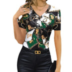 Damen V-Ausschnitt T-Shirt mit luxuriösem Chain-Muster und figurbetonter Passform R&B