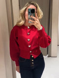 Damen Pullover mit Herzknöpfen und Puffärmeln R&B
