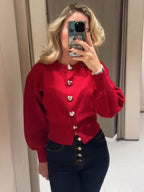 Damen Pullover mit Herzknöpfen und Puffärmeln R&B
