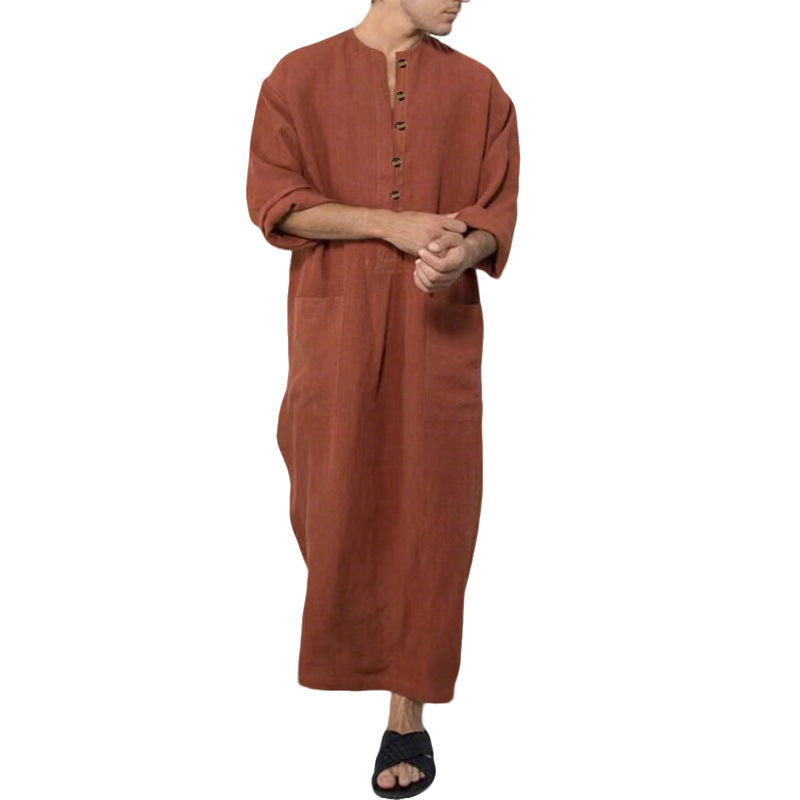 Herren nan weites langes Tunika-Kaftan aus atmungsaktivem Leinen mit Stehkragen Knopfblende und aufgesetzten Taschen R&B
