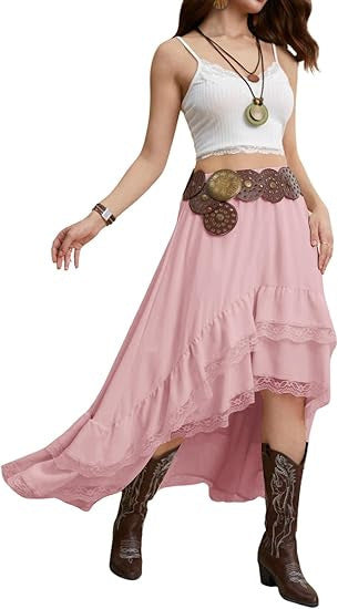 Damen Boho Maxi-Rock mit asymmetrischem Saum und Spitzenverzierungen R&B