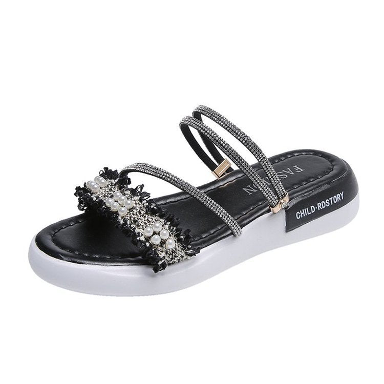 Damen modische Riemchen-Sandalen mit Perlenschmuck und gepolsterter Sohle R&B