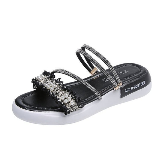 Damen modische Riemchen-Sandalen mit Perlenschmuck und gepolsterter Sohle R&B