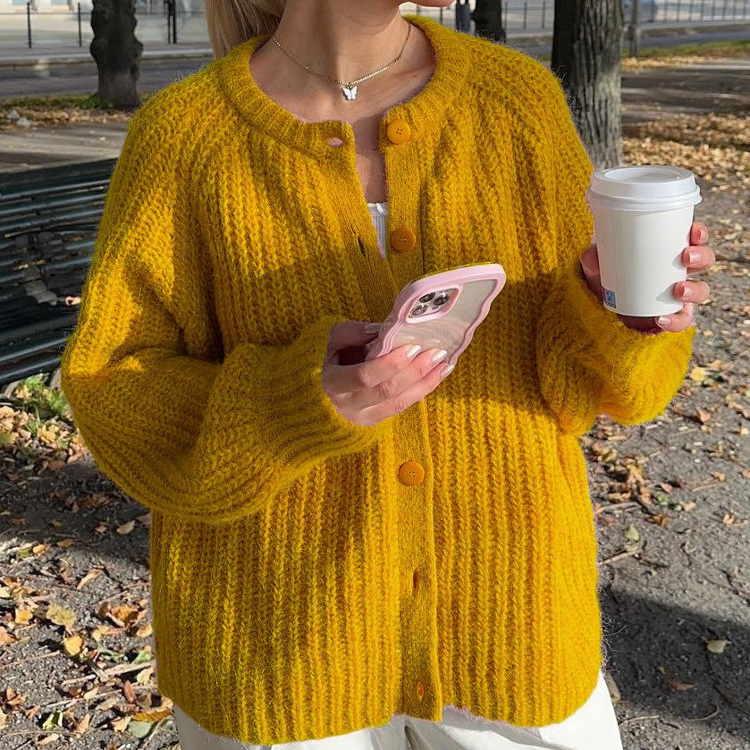 R&B | Damen Gerippt Strickjacke mit Knopfverschluss und Rundem Ausschnitt