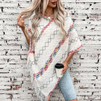 Damen modischer Wickelpullover mit fransigem Saum und einzigartigem Muster