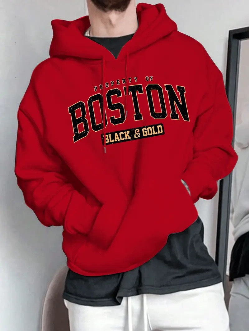 Herren Kapuzensweater mit auffälligem Boston-Print und weicher Innenseite