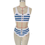 Damen Zweiteiliges Bikini-Set mit nautischem Streifenmuster und dekorativen Knöpfen R&B
