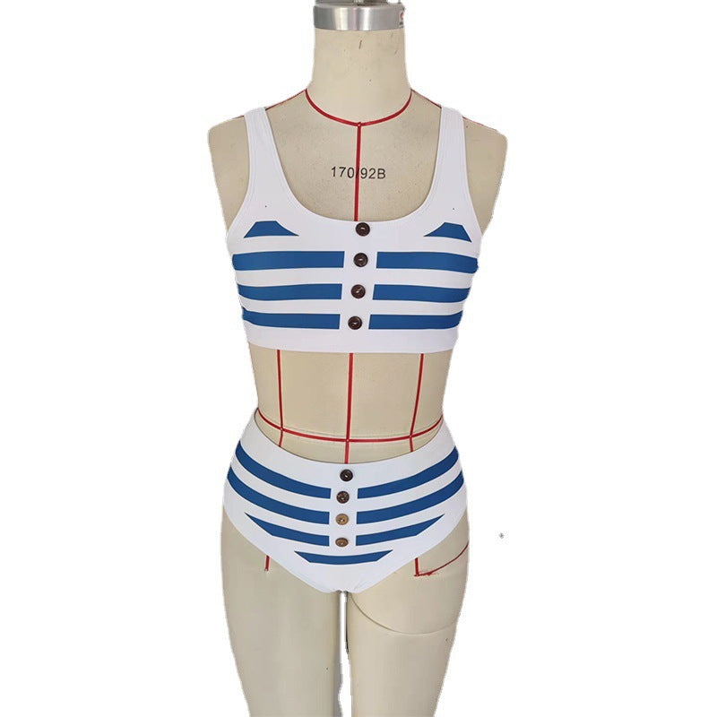 Damen Zweiteiliges Bikini-Set mit nautischem Streifenmuster und dekorativen Knöpfen R&B