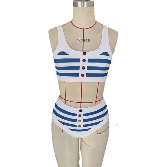 Damen Zweiteiliges Bikini-Set mit nautischem Streifenmuster und dekorativen Knöpfen R&B