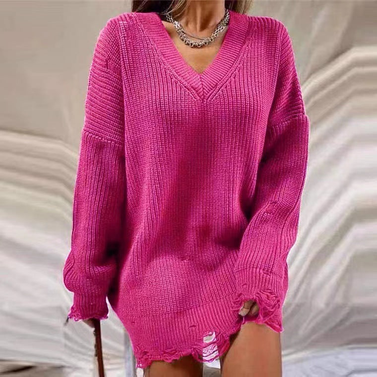 Damen Lässiger Pullover im Oversized-Stil mit V-Ausschnitt und lässigen Fransen